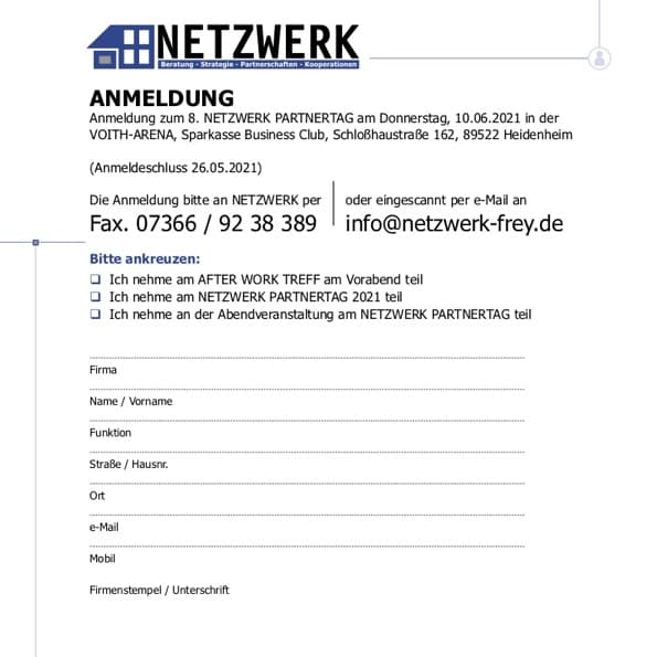 Titelblatt der PDF „Anmeldung zum 8. NETZWERK Partnertag 2021“